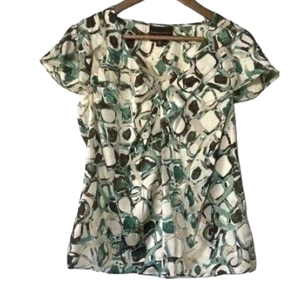 Dana Buchman Women’s Small V-Neck Ruffle Sleeve Blouse Green Brown Cream